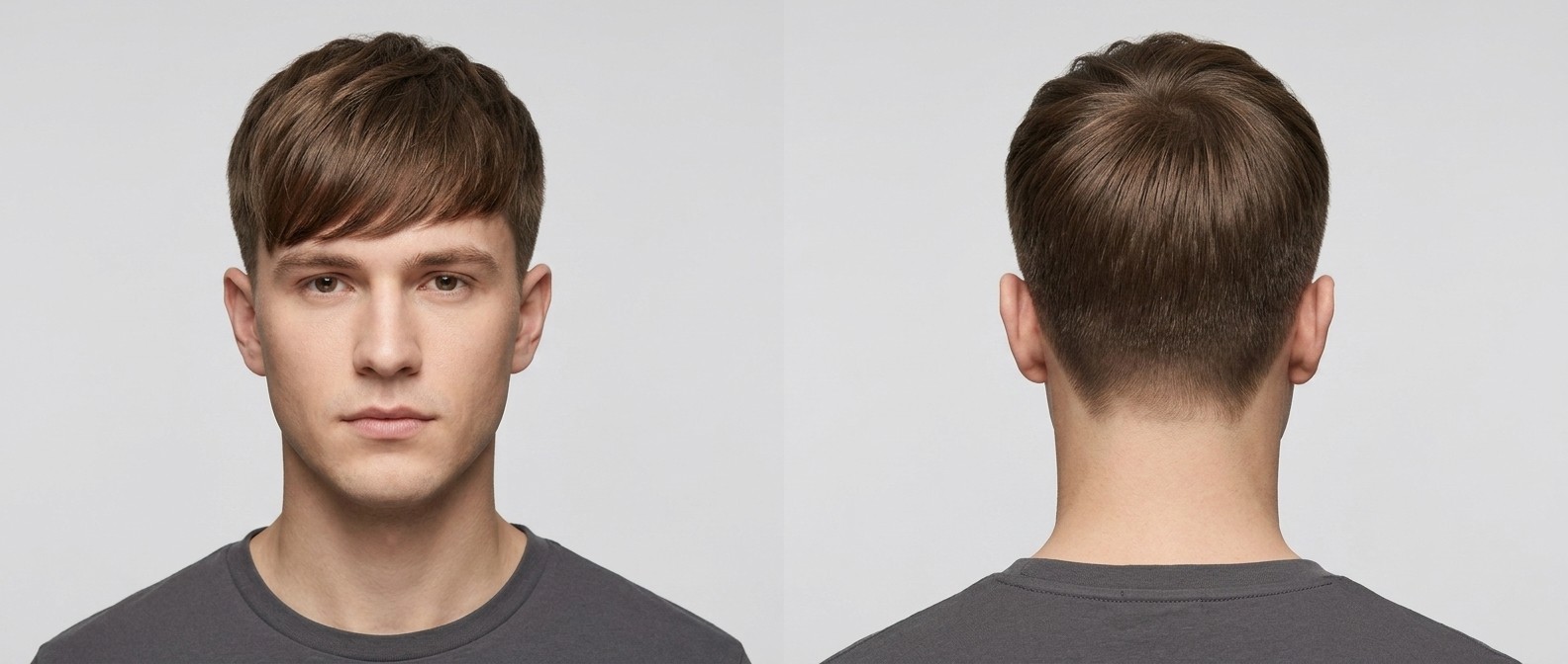 Vue de face et de dos d'un jeune homme avec une frange texturée décontractée, côtés dégradés courts et cheveux châtains raides.