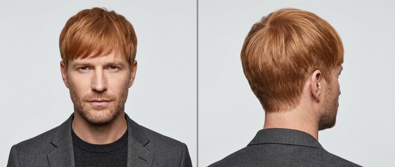Vista frontal y trasera de un hombre maduro con cabello pelirrojo luciendo un flequillo texturizado hacia adelante con laterales cortos a tijera y barba incipiente.