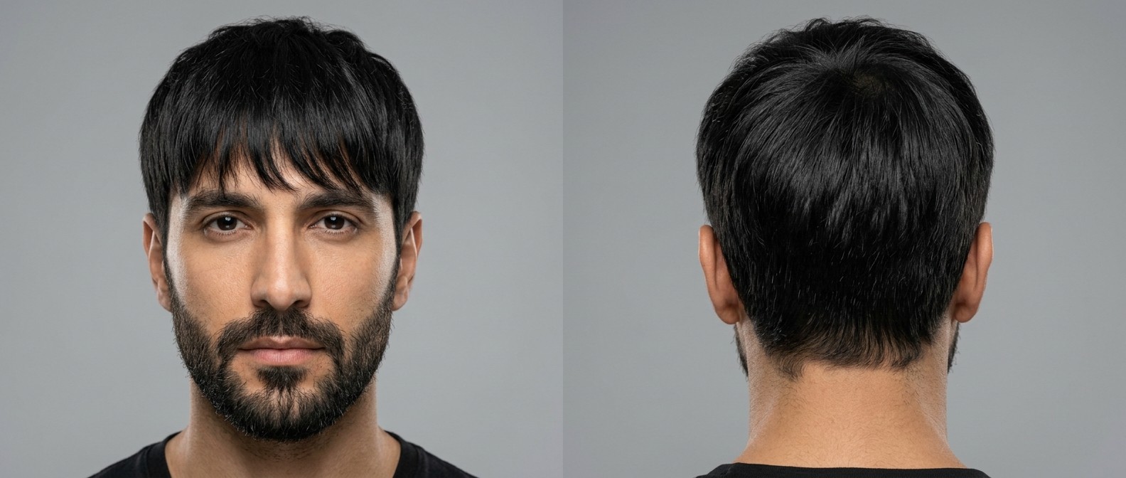 Vue de face et de dos d'un homme aux cheveux noirs raides portant une frange texturée moderne avec des côtés mi-longs et une barbe soignée.