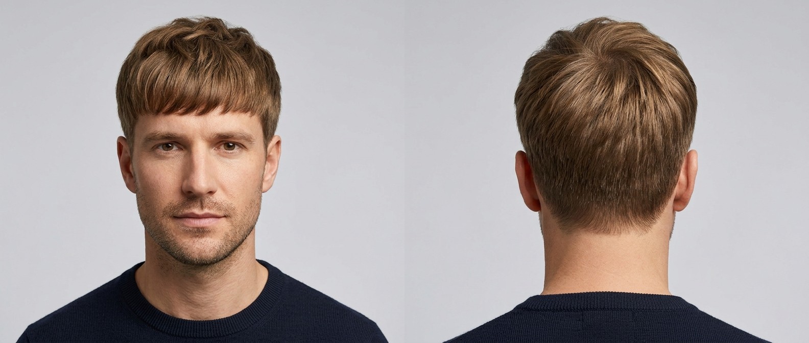 Hombre con cabello castaño claro modelando un corte de flequillo texturizado hacia adelante, con laterales a tijera y nuca cónica natural.