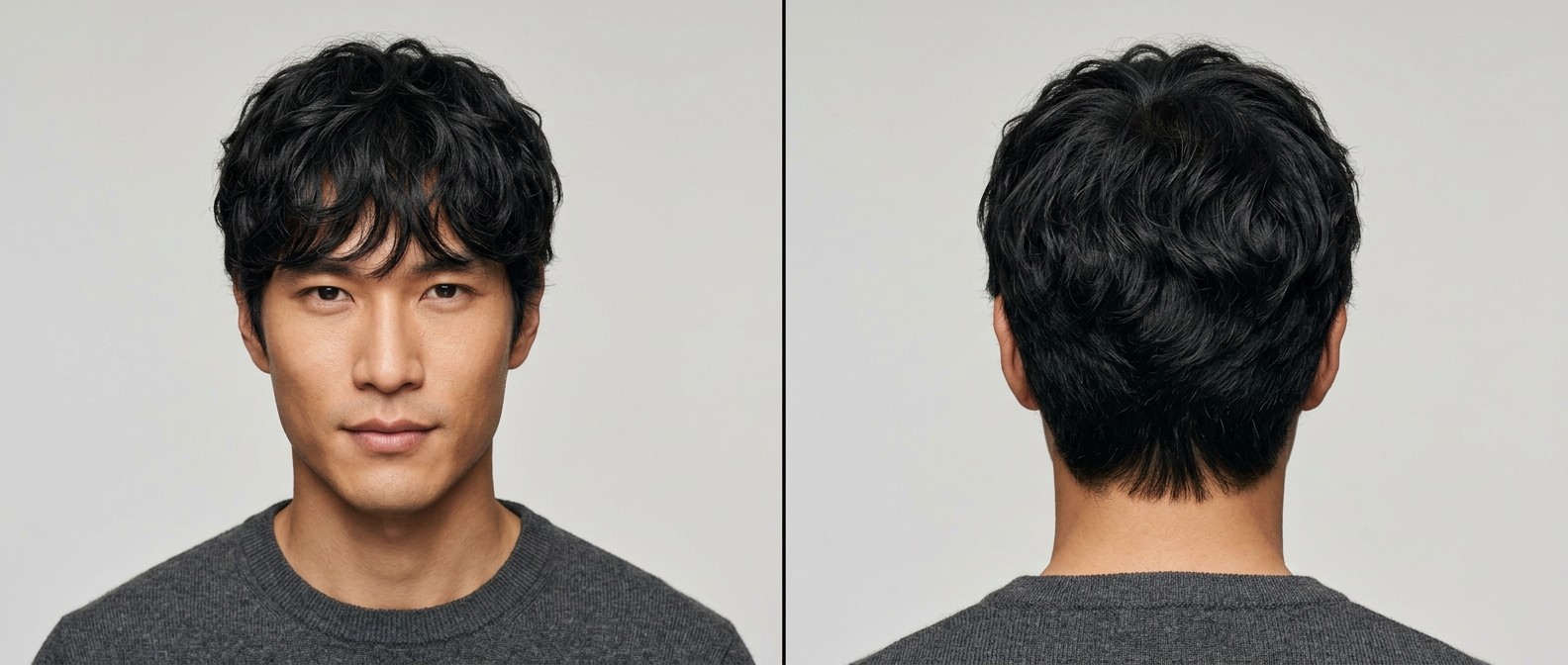 Modelo asiático con corte de pelo ondulado texturizado de longitud media, ideal para rostros rectangulares.