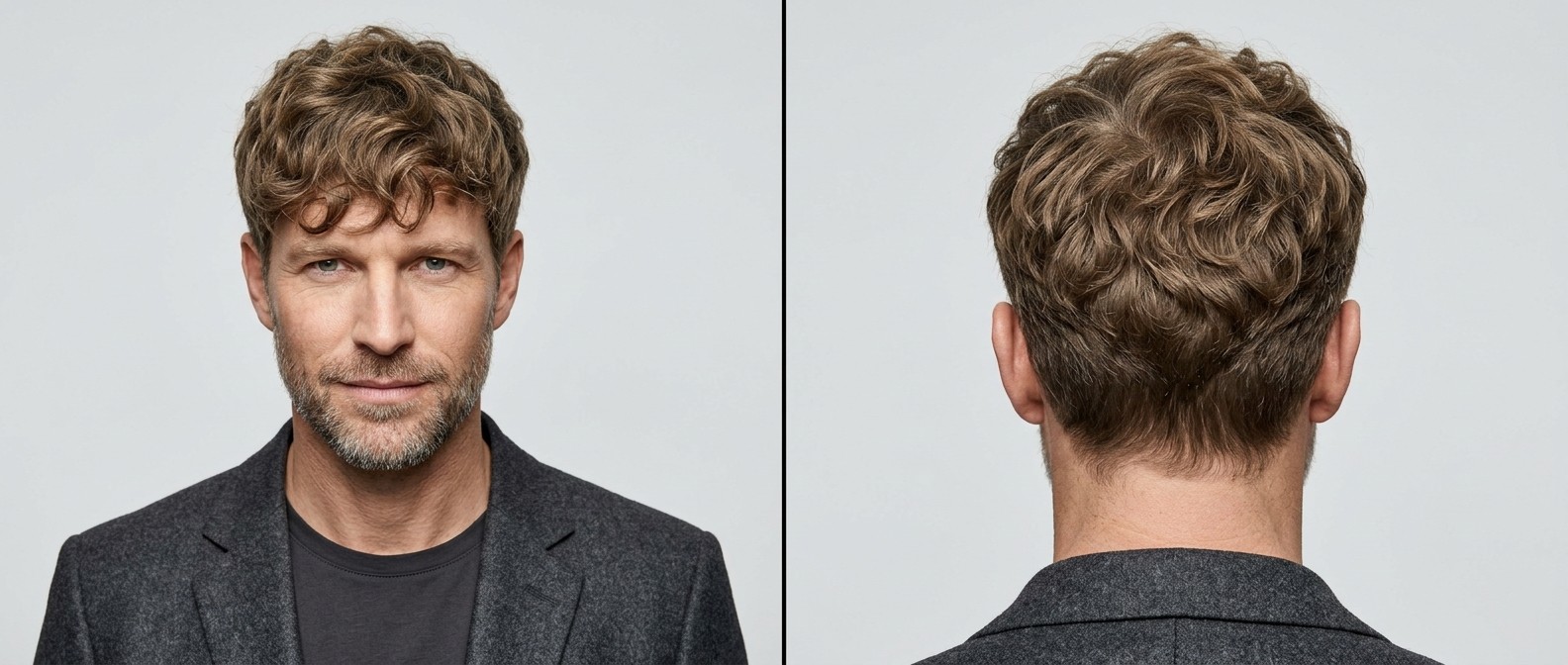 Reifer Mann mit lässigem, texturiertem Wellen-Fringe, kurzem Taper-Schnitt und Dreitagebart.