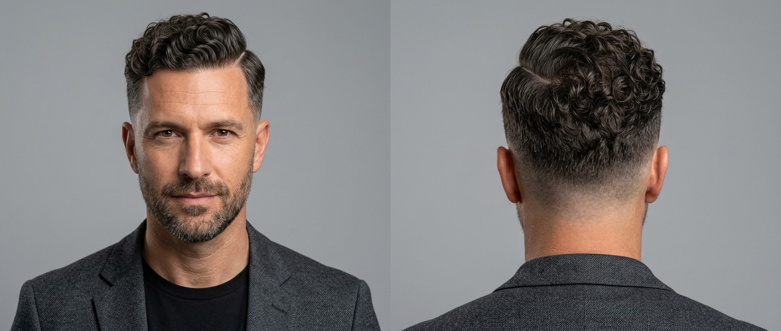 Hombre maduro con barba corta luciendo un corte curly hard part profesional con degradado low taper y rizos definidos.