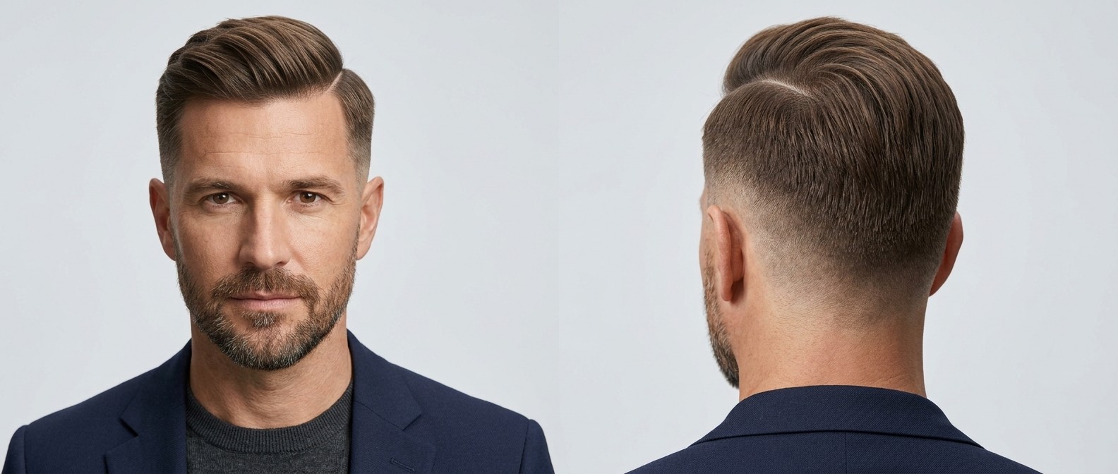 Homem maduro com corte hard part combover, mid fade, volume no topo e barba curta bem feita.