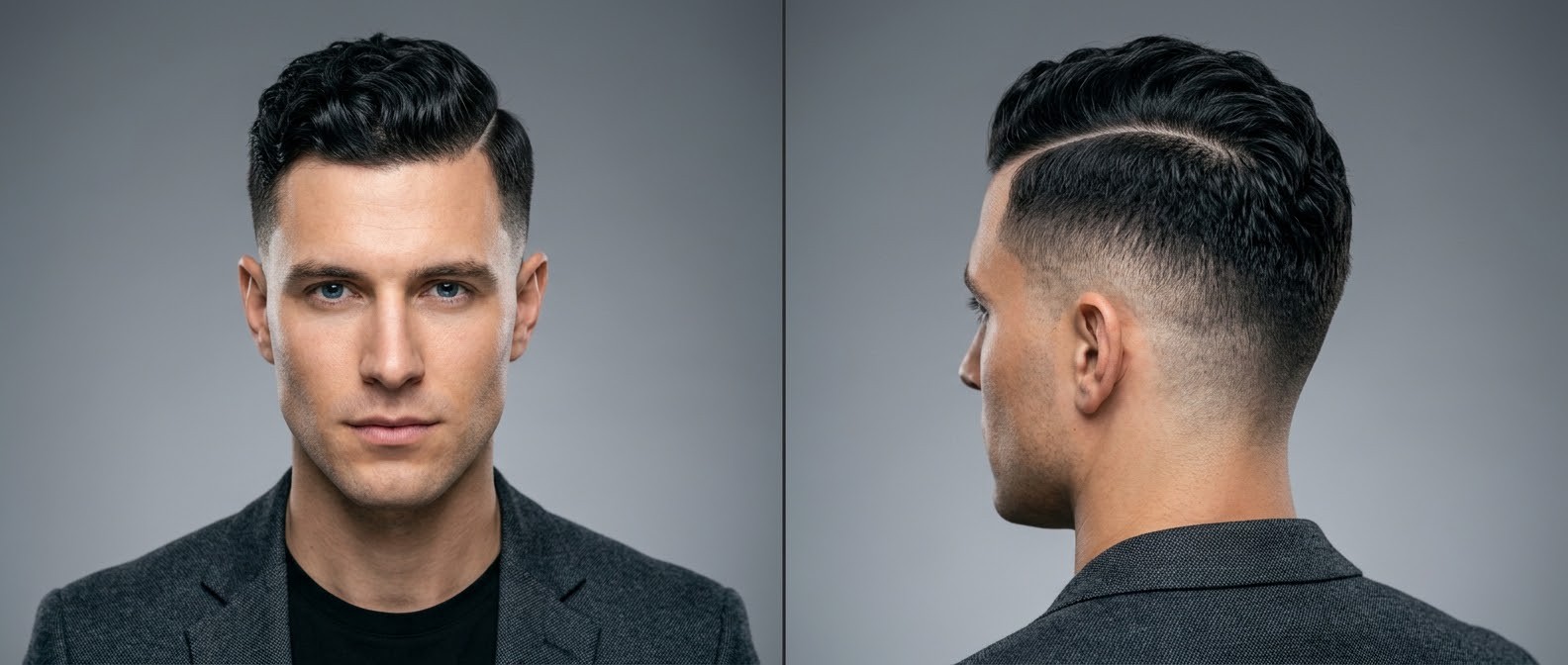 Homem caucasiano com cabelo ondulado escuro, corte hard part com mid skin fade, topo jogado para trás e acabamento frontal preciso.
