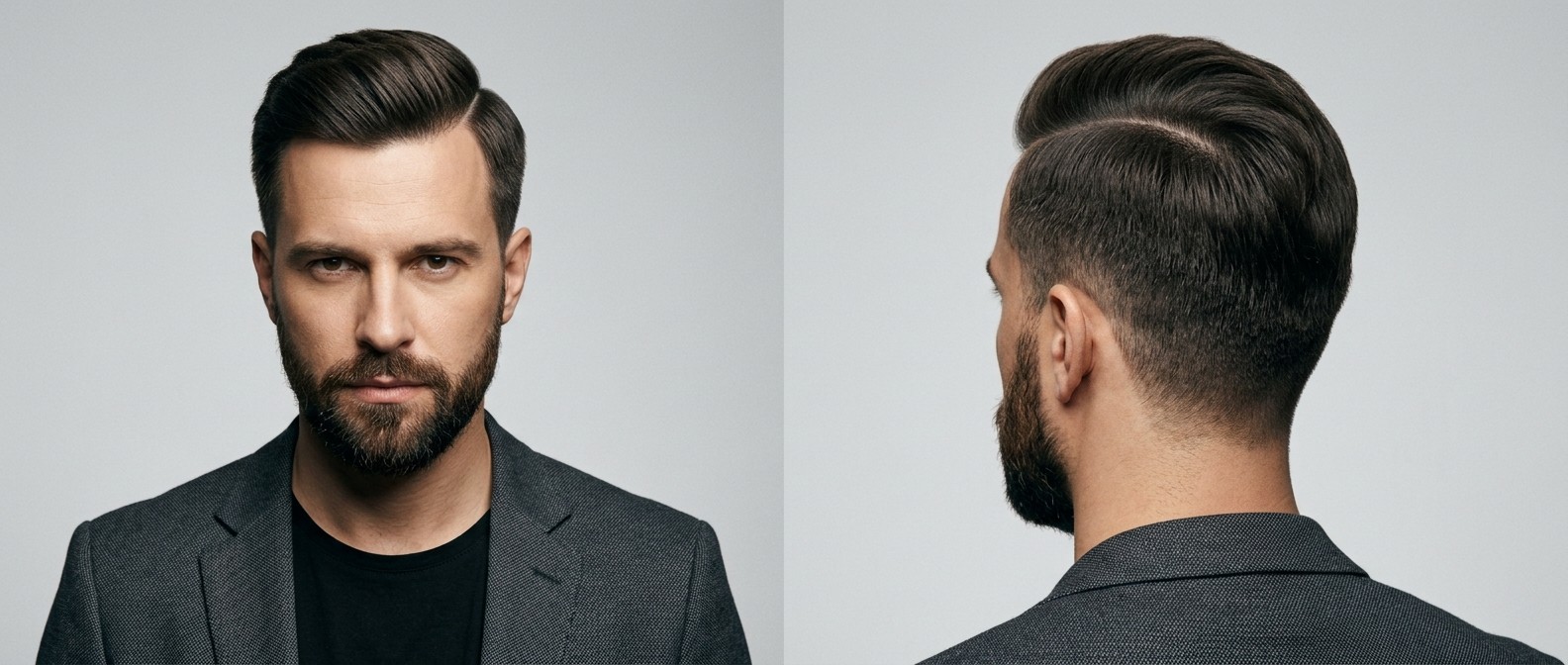 Profesjonalny mężczyzna z fryzurą typu hard part, low taper fade, zaczesanymi włosami i zadbaną brodą na szarym tle.
