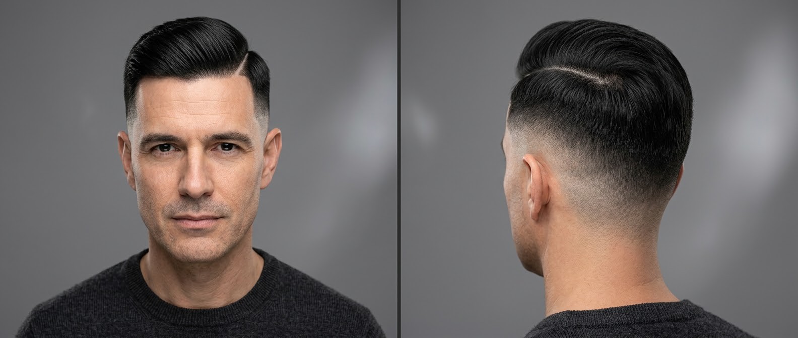 Front- und Seitenansicht eines reifen Mannes mit dunklem Haar und klassischem Hard Part Haarschnitt inklusive High Skin Fade.