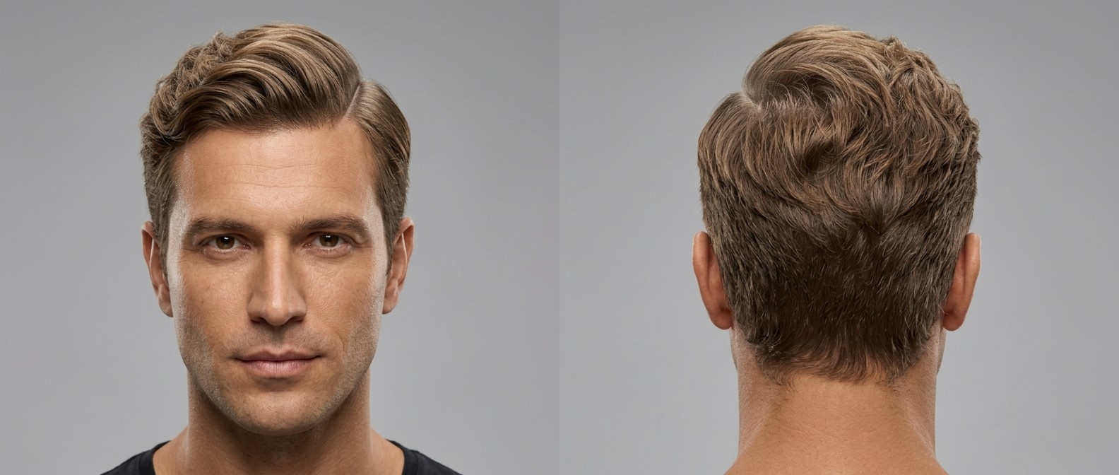 Widok z przodu i z tyłu na mężczyznę z oliwkową cerą i jasnobrązowymi włosami w klasycznej fryzurze hard part z falowaną górą.