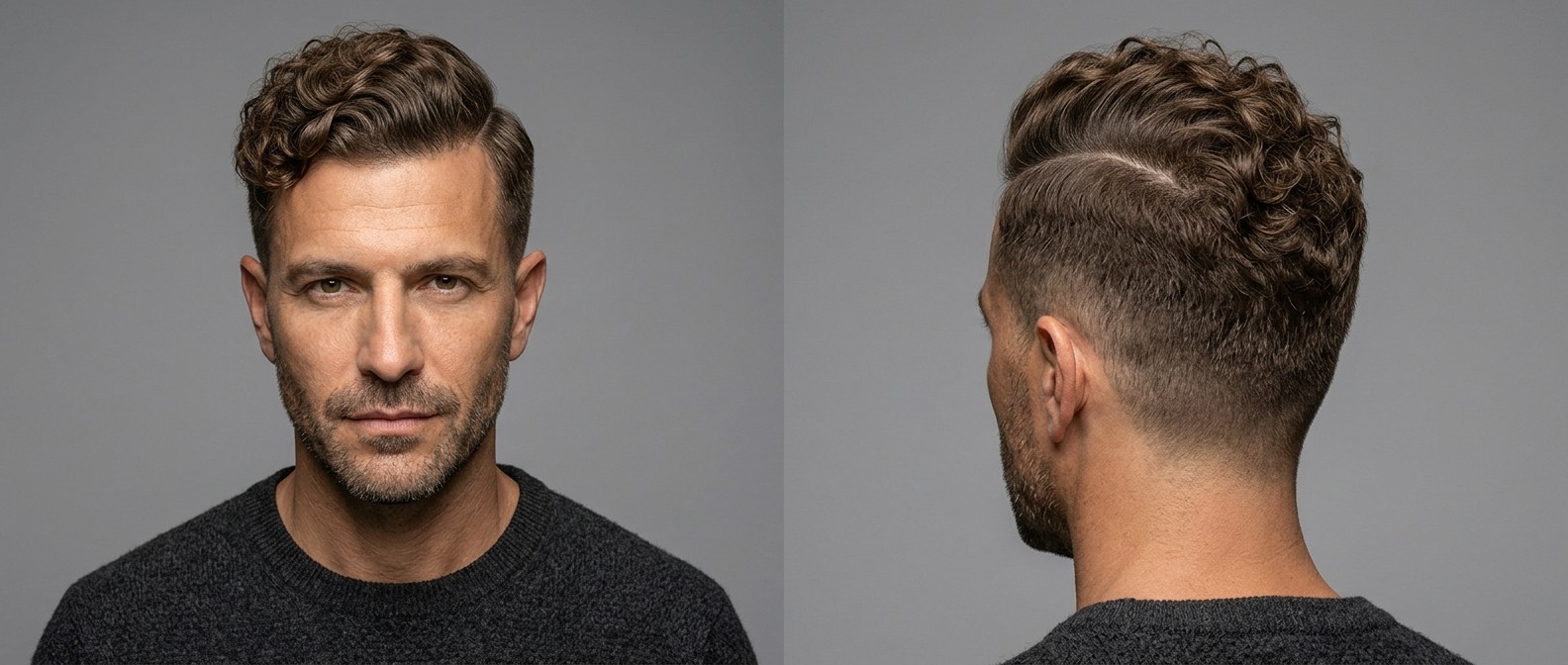 Dojrzały mężczyzna z fryzurą curly hard part fade, krótkimi bokami i wyrazistym przedziałkiem.