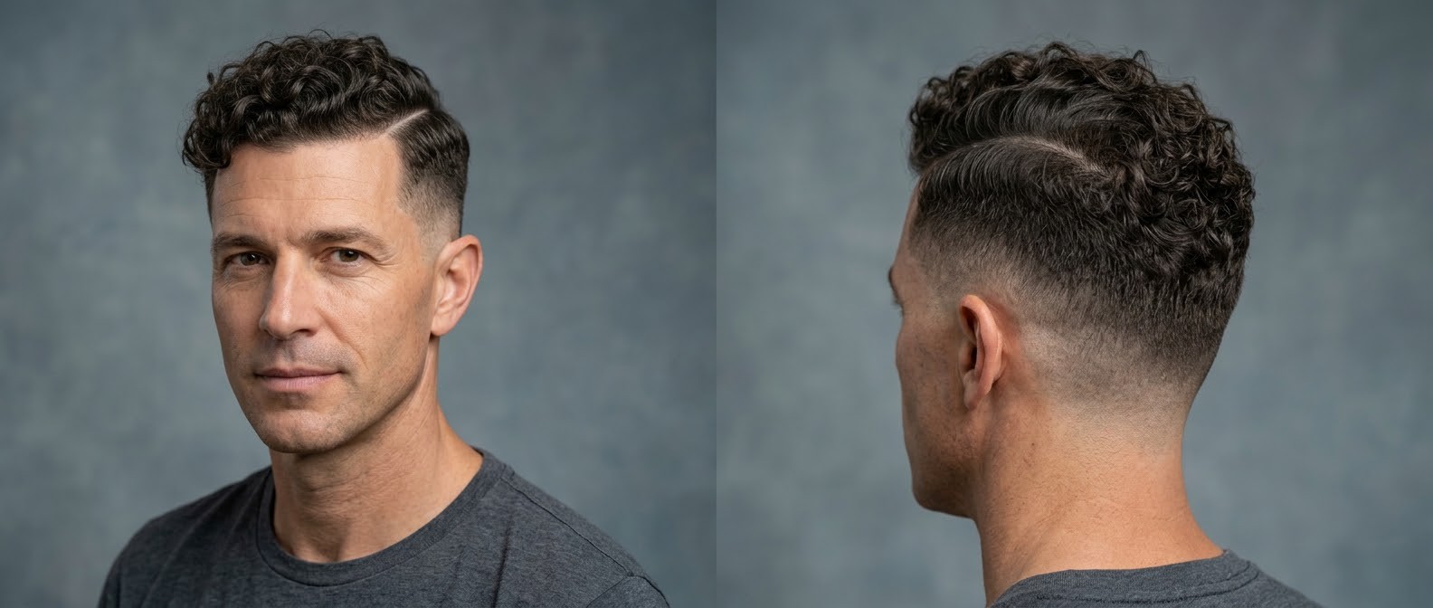 Mann ab 45 mit Geheimratsecken, klassischem Hard Part, Mid Skin Fade und kurzen, dichten Typ-3-Locken.