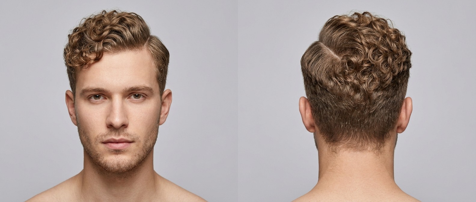 Młody mężczyzna z jasnobrązowymi kręconymi włosami, wygolonym przedziałkiem (hard part), krótkimi bokami i teksturowaną grzywką zaczesaną do przodu.