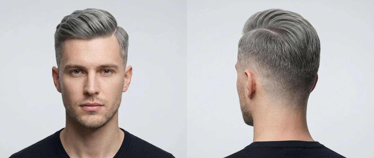 Jeune homme aux cheveux gris arborant une coupe moderne avec raie marquée, volume sur le dessus et dégradé à blanc.