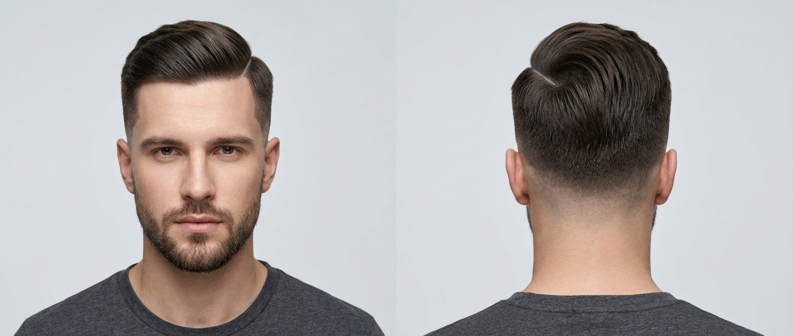 Vue de face et de profil d'un homme portant une coupe combover avec hard part, mid drop fade et barbe courte soignée.