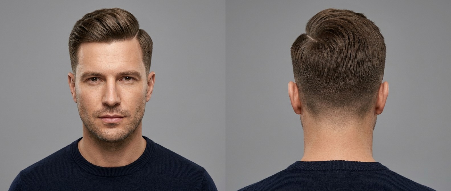 Vue de face et de dos d'un homme de 35 ans avec un comb-over, raie tracée au rasoir, mid taper fade et cheveux bruns volumineux.