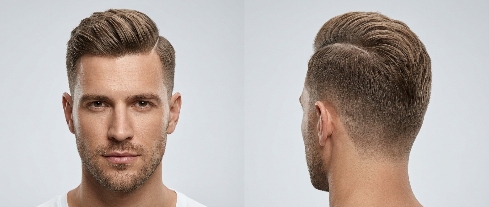Mężczyzna z zakolami w fryzurze typu hard part z mid fade, stylizowany matową glinką.