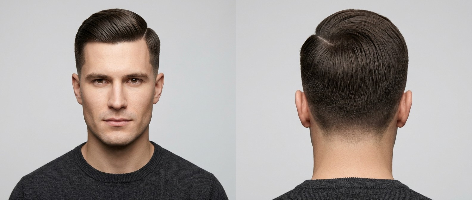 Front and back view of a Caucasian man with thick dark brown hair styled in a classic hard part comb over with short tapered sides.