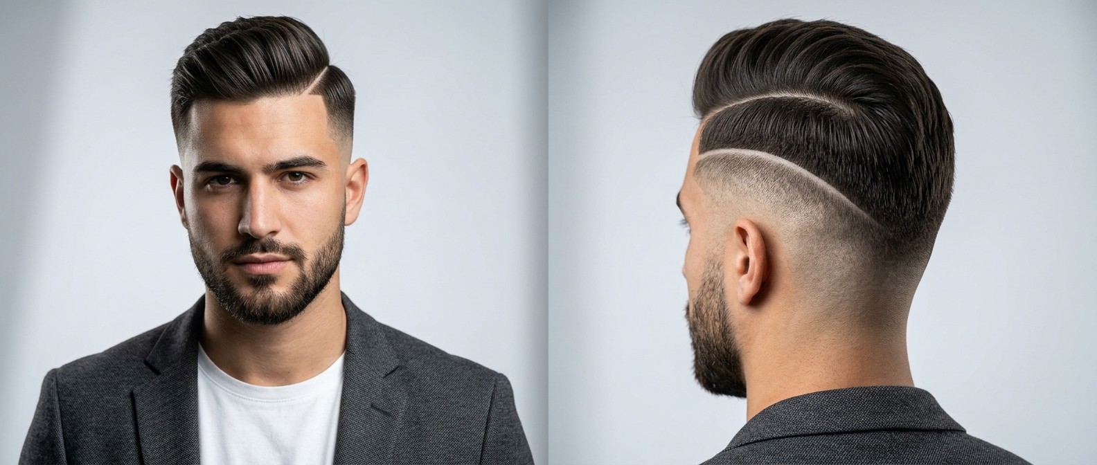 Young man with a sharp hard part haircut, featuring a high skin fade, medium-length swept-back voluminous top, and a well-groomed short beard.