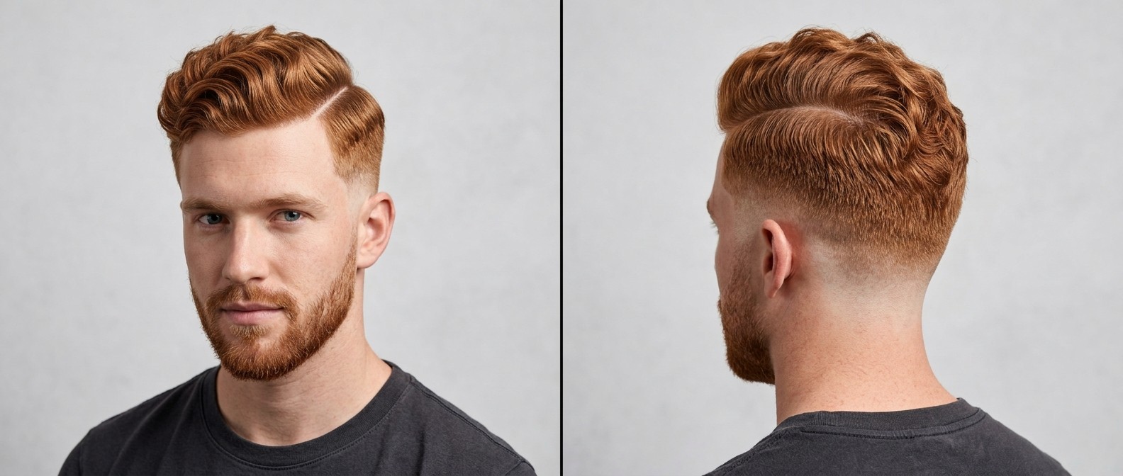 Young Caucasian man with thick red wavy hair featuring a razor-cut hard part, mid skin fade, and a neatly groomed short beard.