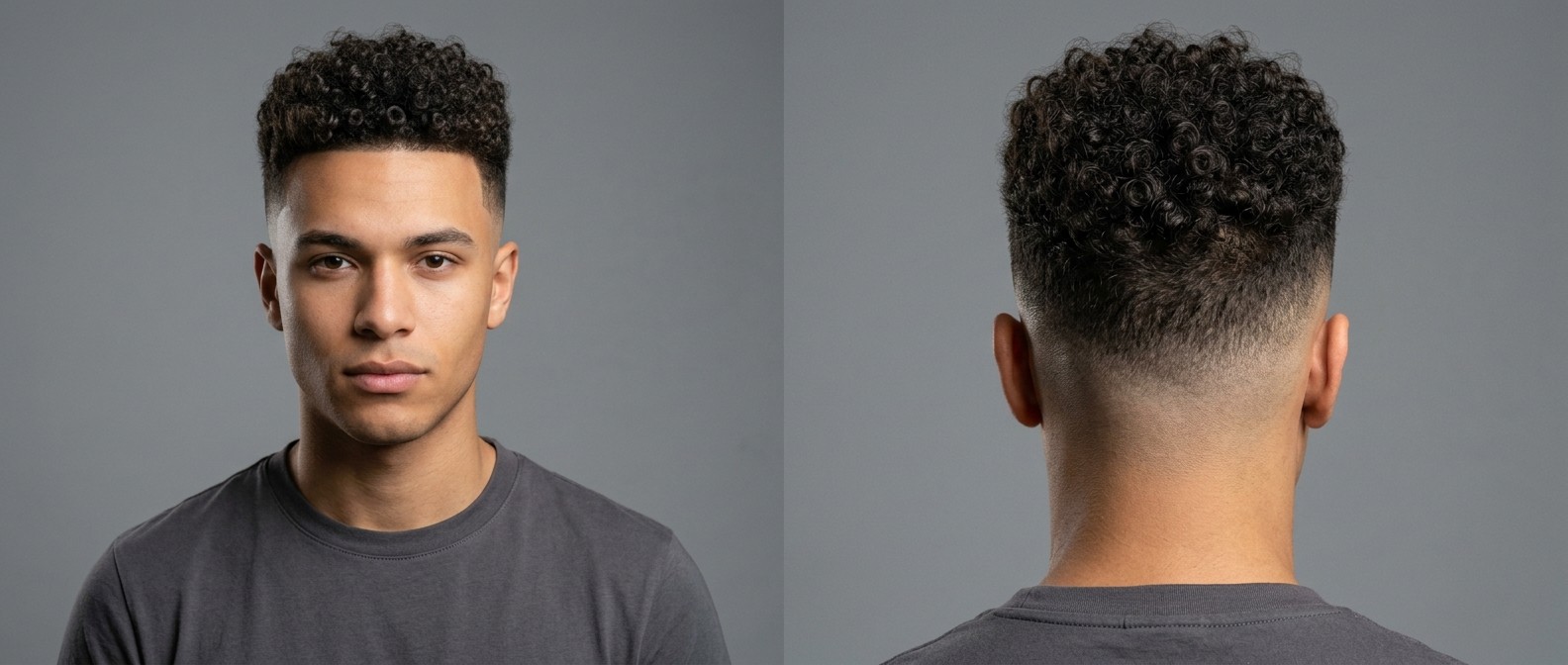 Jeune homme au teint médium portant une coupe high skin fade avec des boucles serrées de type 4 sur le dessus et un contour net.