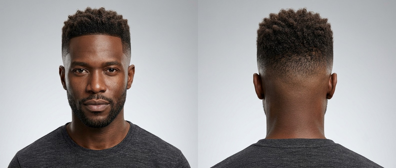 Homem negro de 35-45 anos com High Skin Fade, alinhamento frontal afiado e sponge twists texturizados no topo, com barba curta bem aparada.