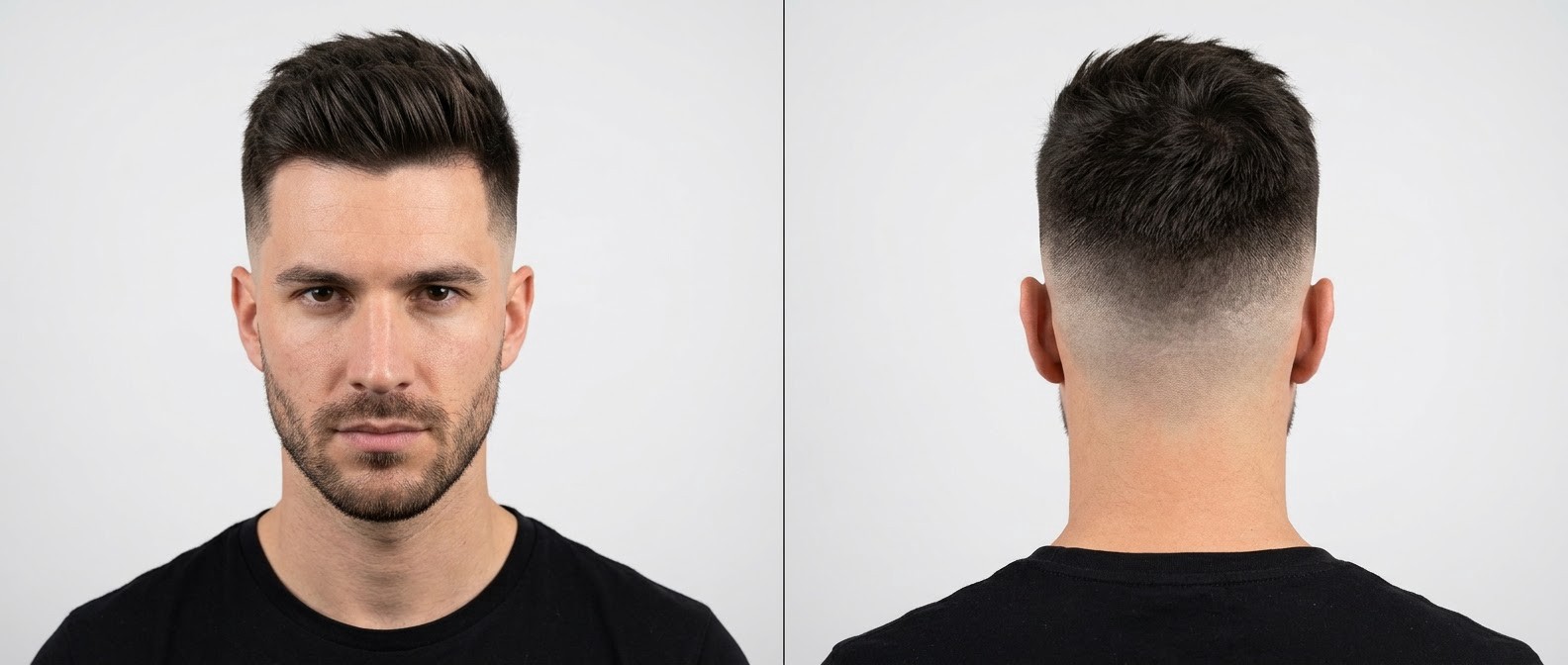 Vista frontal e traseira de um homem com corte high skin fade e topo texturizado castanho escuro estilizado para cima.