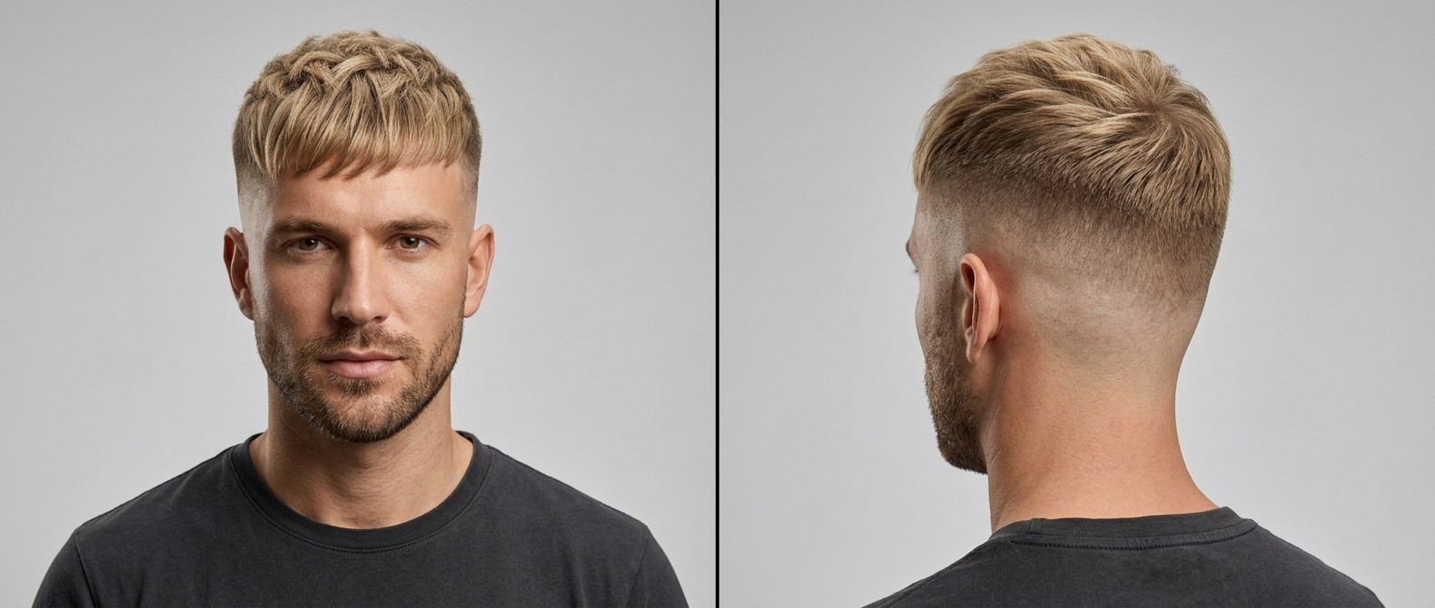 Widok z przodu i z tyłu na blondyna z wysokim skin fade, teksturowanym French cropem, prostą grzywką i krótkim zarostem.