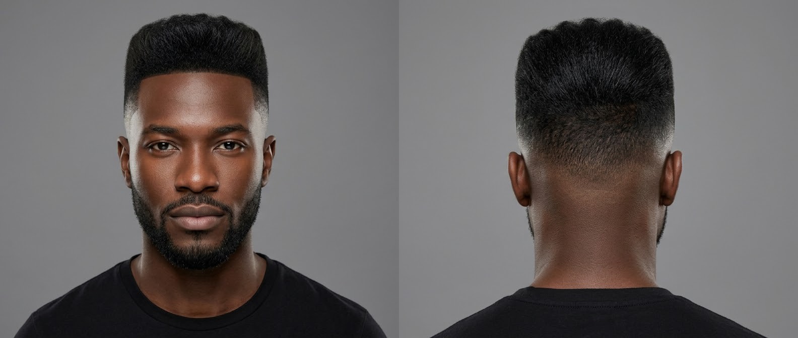 Vue de face et de dos d'un homme noir avec un dégradé à blanc haut, flat top court structuré, contours nets et barbe courte taillée.