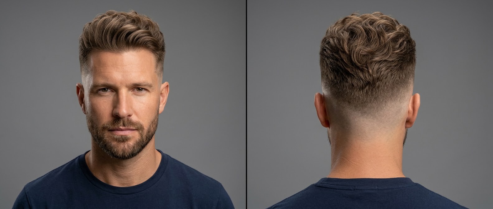 Front- und Rückansicht eines Mannes in den späten 30ern mit High Skin Fade, welligem Brush-Up und kurzem Bart.