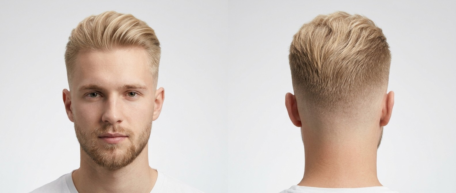 Młody blondyn z fryzurą high skin fade, zaczesaną górą i zadbaną brodą, widok z przodu i z tyłu.