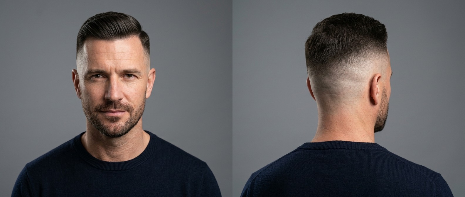 Homem maduro com high skin fade, cabelo liso penteado de lado e barba por fazer, visto de frente e de costas.