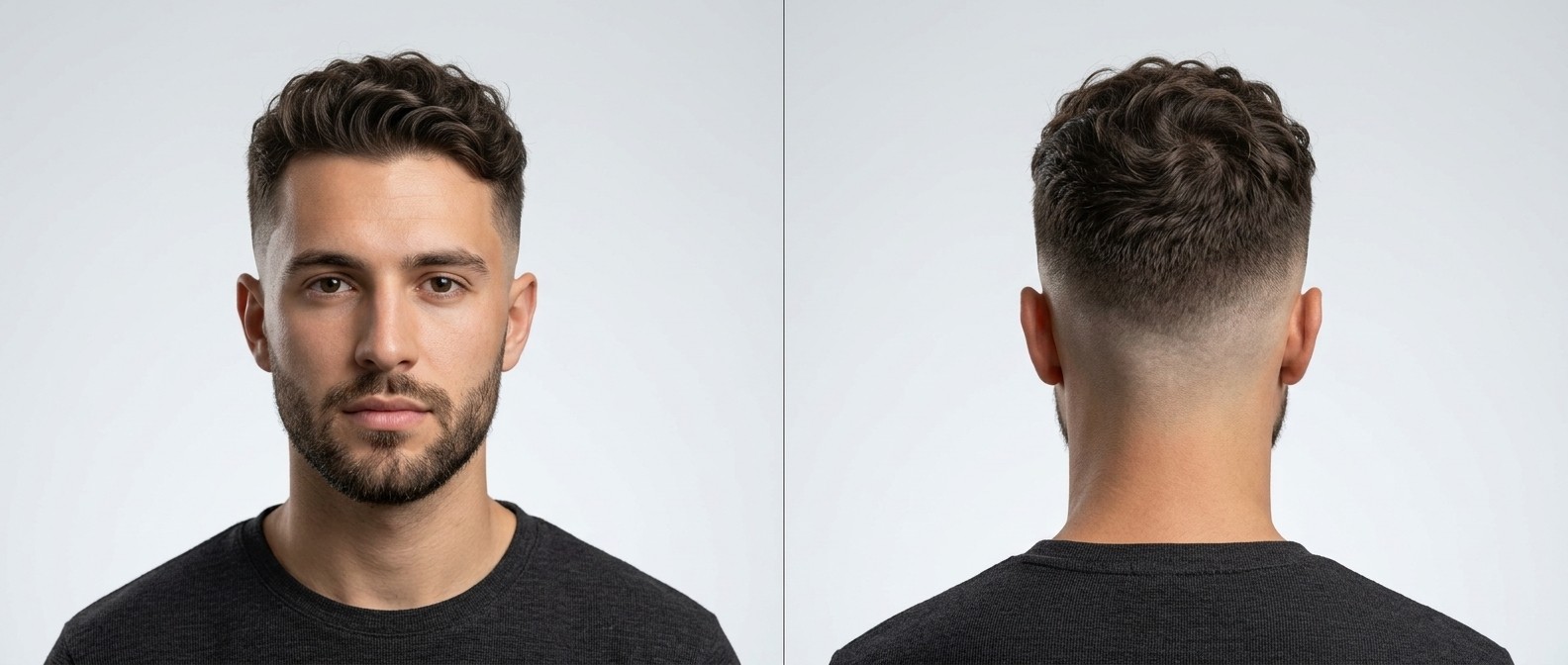 Vorher-Nachher-Ansicht eines Mannes mit High Skin Fade, texturiertem, welligem Deckhaar und gepflegtem, kurzem Bart.