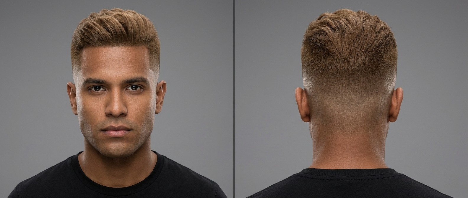 Mężczyzna z fryzurą high skin fade, jasnobrązowymi włosami i teksturowanym quiffem, podkreślającym kwadratowy kształt twarzy.