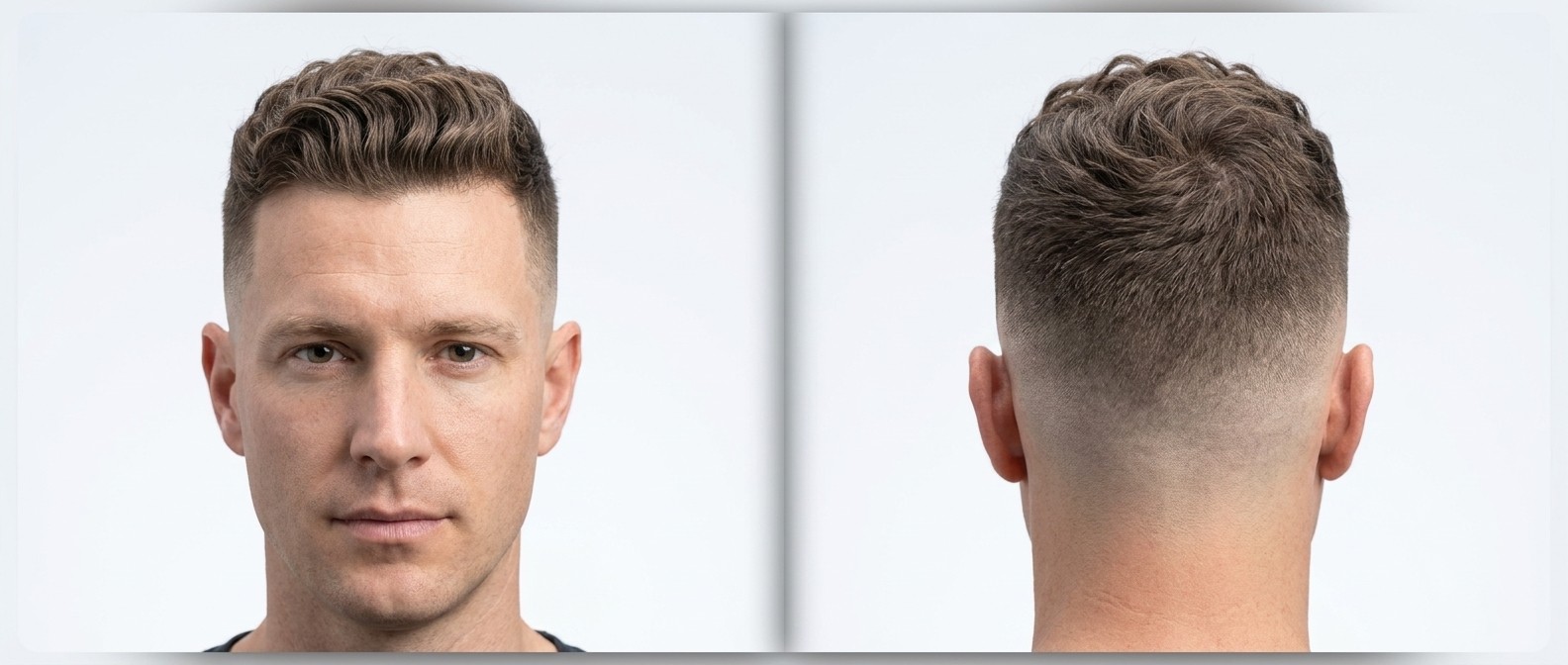 Vorder- und Rückansicht eines 40-jährigen Mannes mit High Skin Fade und kurzem, texturiertem Wavy Crop mit mattem Finish.