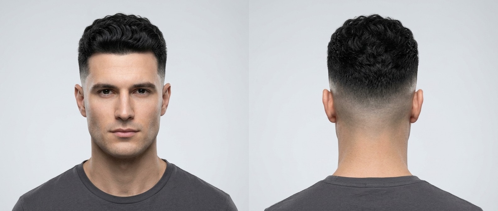 Vorder- und Rückansicht eines Mannes mit dickem, schwarzem, welligem Haar, High Skin Fade und markantem Widow's Peak.