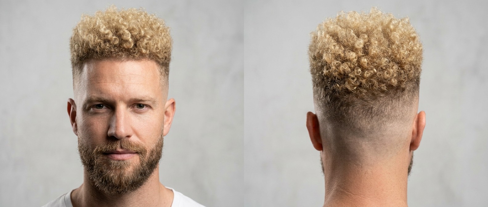 Ansicht von vorne und hinten eines Mannes mit blondem High Skin Fade, kurzen Locken und gepflegtem Bart.
