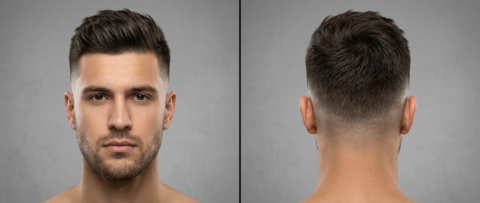 Front and back view of a young man with a high skin fade, textured short top swept upward, crisp hairline, and a dark stubble beard.