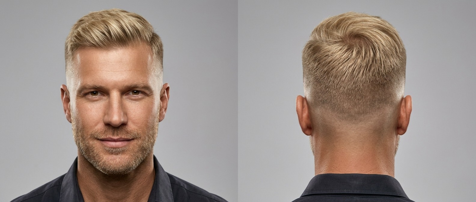 Vue de face et de profil d'un homme blond de 35-45 ans avec un high skin fade, dessus texturé et barbe légère.