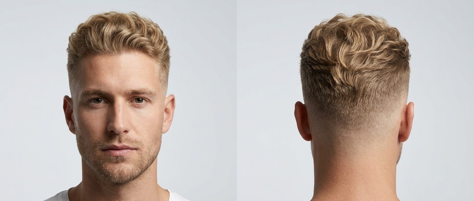 Front and back view of a blonde man with a high skin fade and a textured, wavy medium-length top styled upward into a piecey quiff.