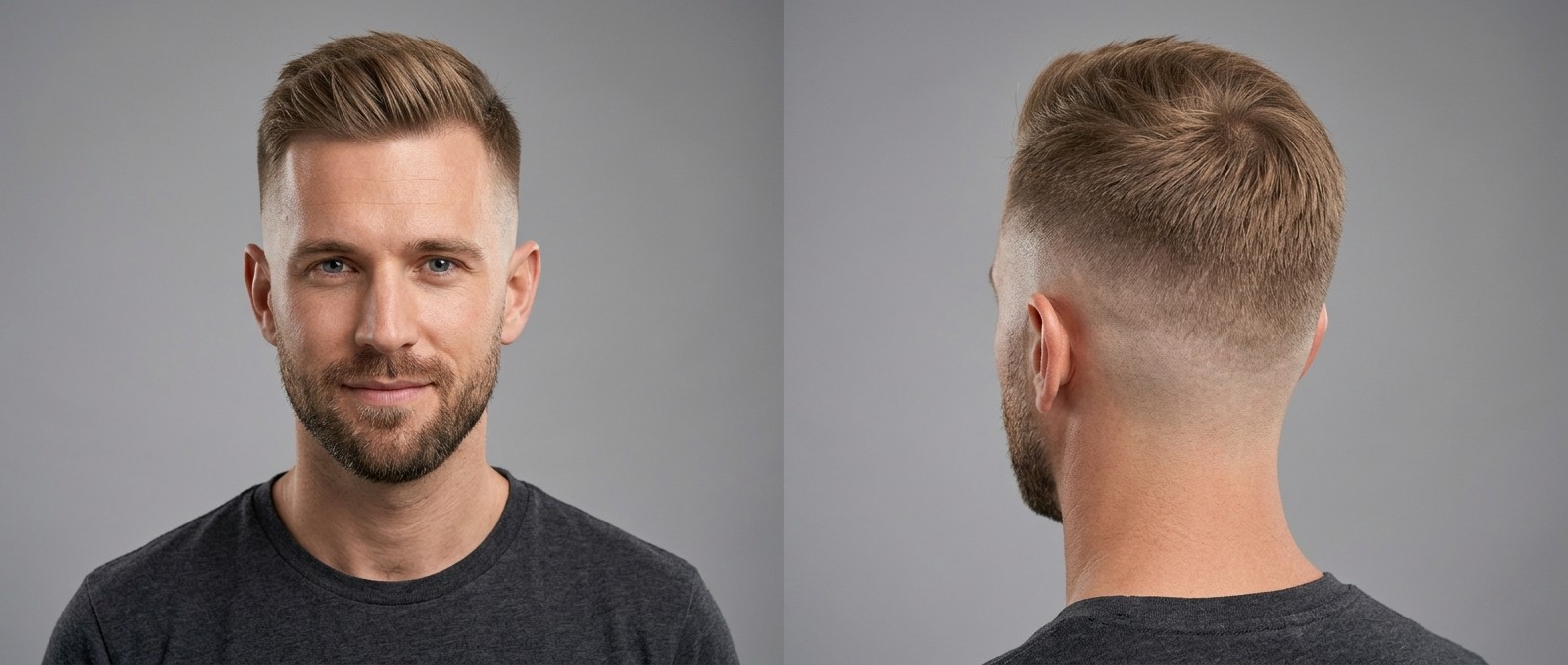 Caucasian man with light brown fine hair modeling a high bald fade with a short, textured quiff, paired with a neatly groomed short beard.