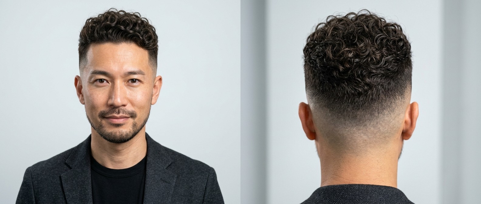 Asian man aged 35-45 with an oval face modeling a sharp high skin fade combined with medium-length, defined Type 3 dark brown curls on top.