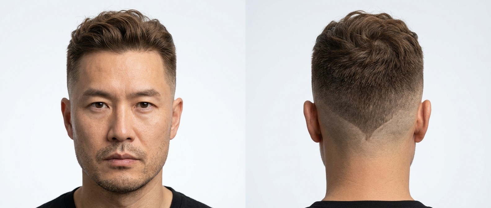 Mężczyzna 45+ z falowanymi włosami, wysokim skin fade'em i geometrycznym wycięciem w kształcie litery V na karku.