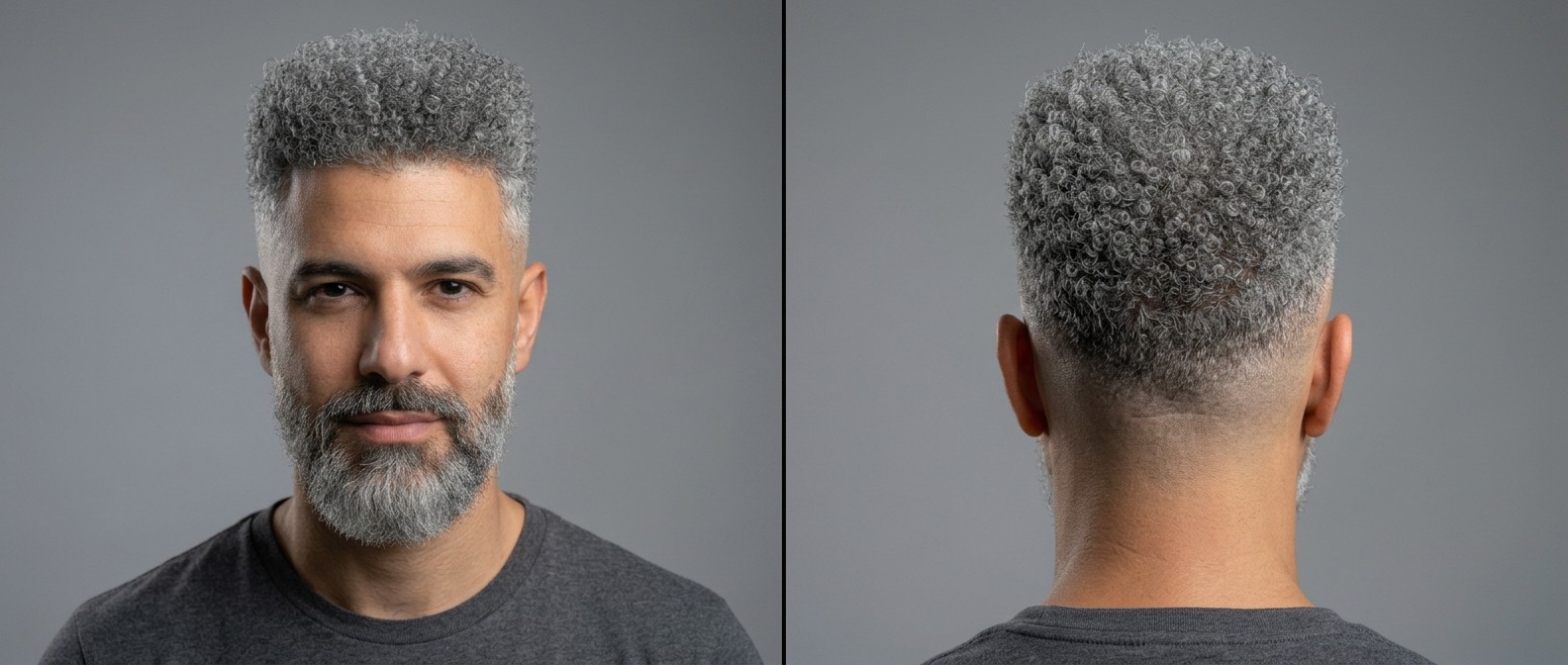 Detailed front and back view of a men's high fade haircut featuring short, very curly Type 4 gray hair, a widow's peak, and a groomed beard.