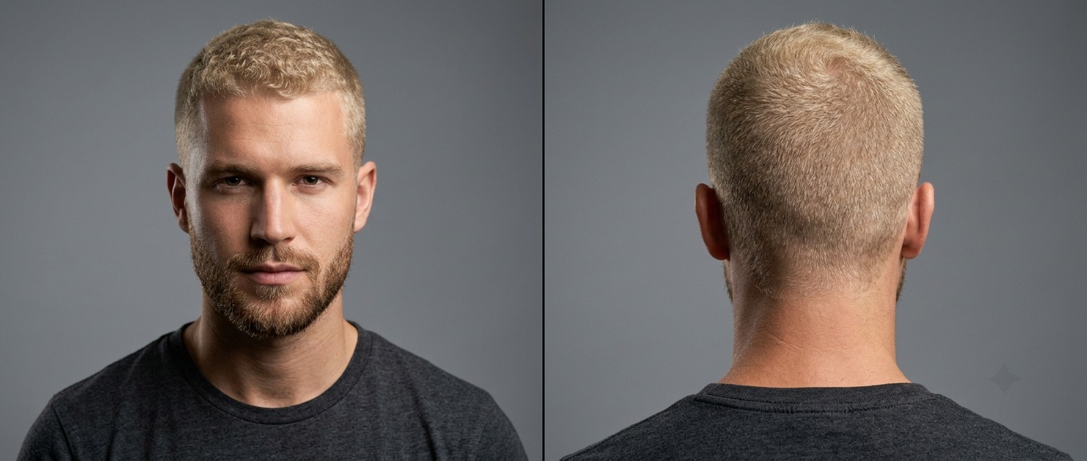 Young man with a blonde induction buzz cut, square jawline, and a short groomed beard, viewed from the front and back against a grey background.