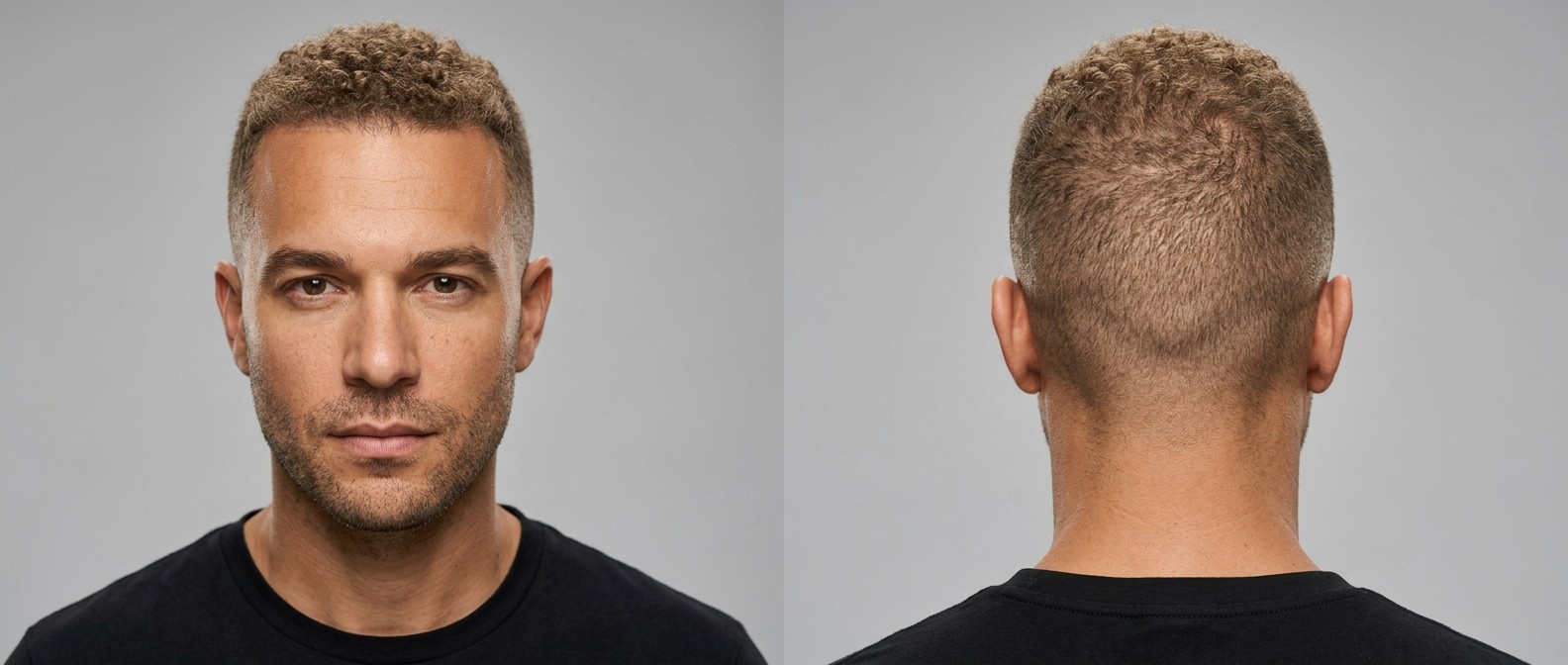 Widok z przodu i z tyłu na 35-45 letniego mężczyznę z fryzurą induction cut, wysokim cieniowaniem, kręconymi włosami na górze i krótkim zarostem.
