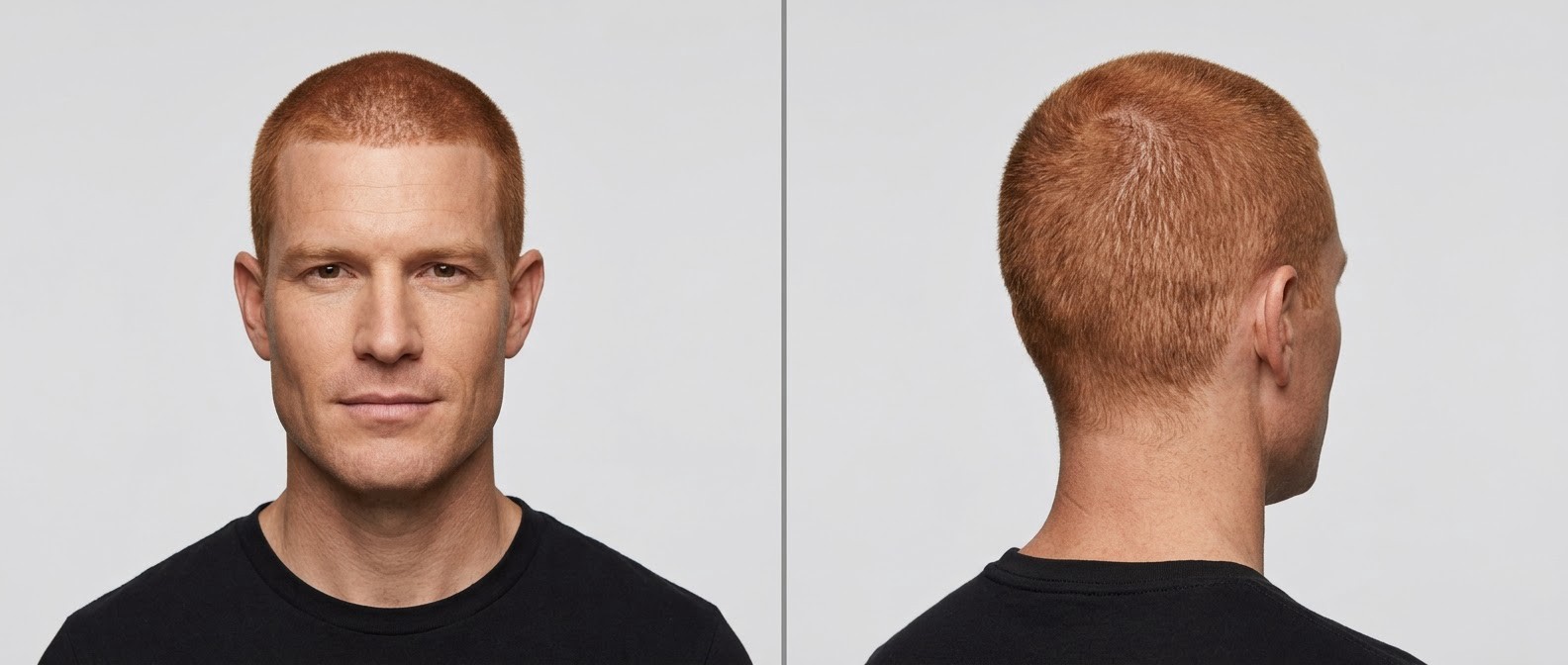 Vista frontal e traseira de homem com rosto quadrado e corte induction cut ruivo ultracurto, exibindo comprimento uniforme e linha frontal natural.
