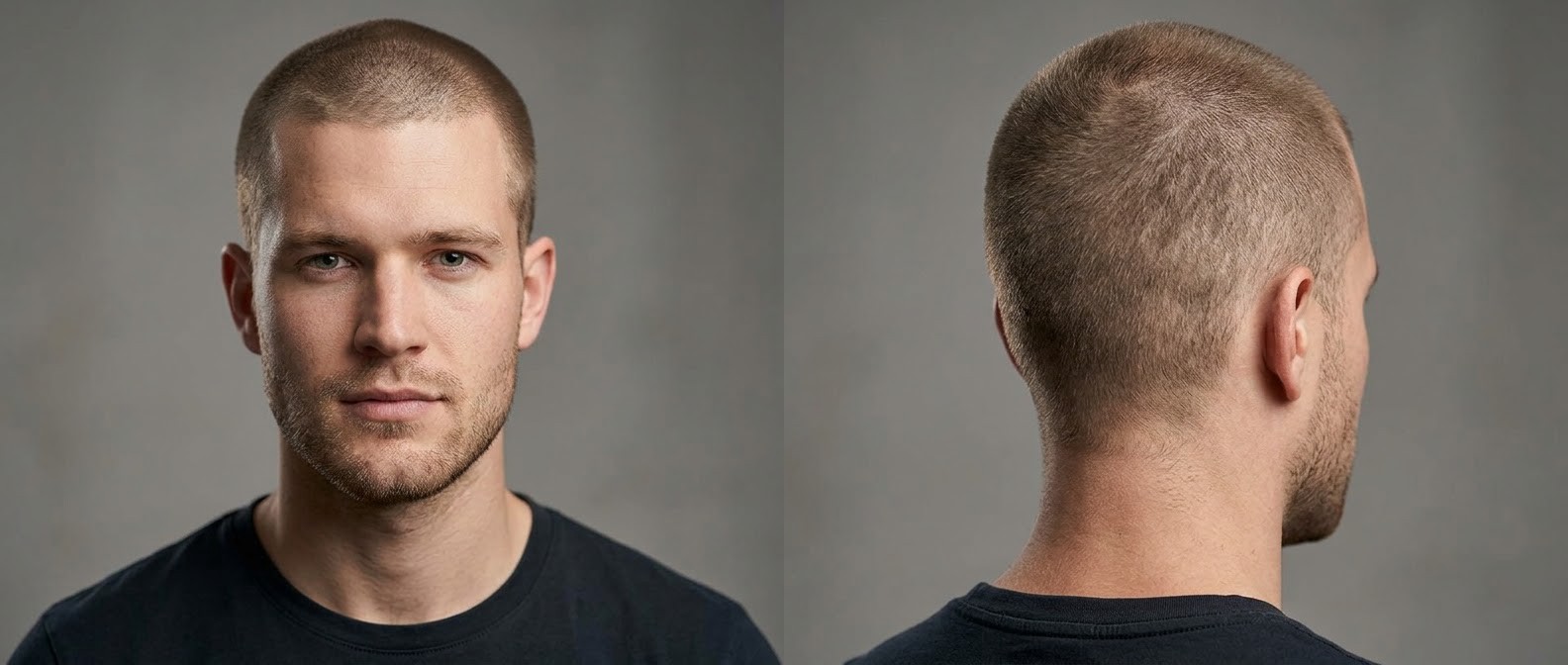 Vorder- und Rückansicht eines jungen Mannes mit eckigem Gesicht, extrem kurzem Induction Buzz Cut und leichtem Dreitagebart.