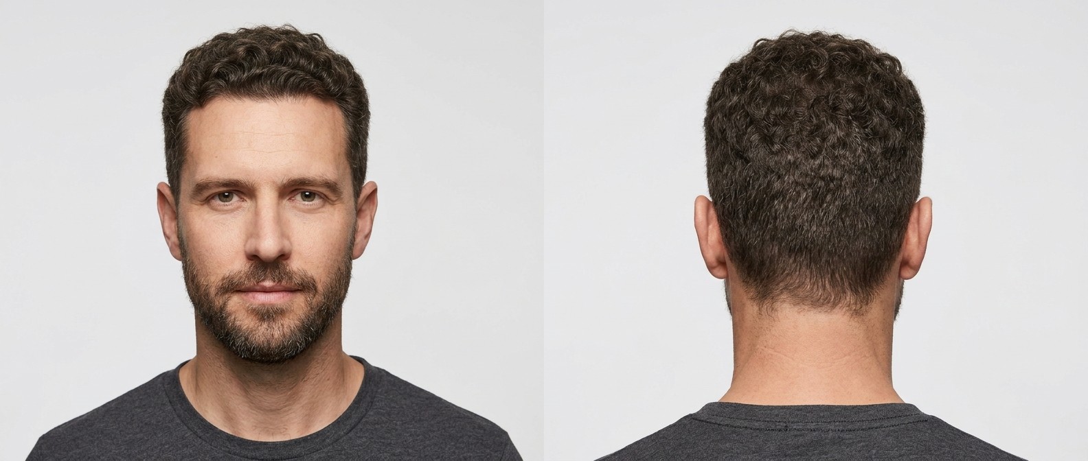 Widok z przodu i z tyłu 45-letniego mężczyzny z fryzurą curly induction cut, cieniowanymi bokami i krótką brodą, prezentującą naturalny skręt loków typu 3.