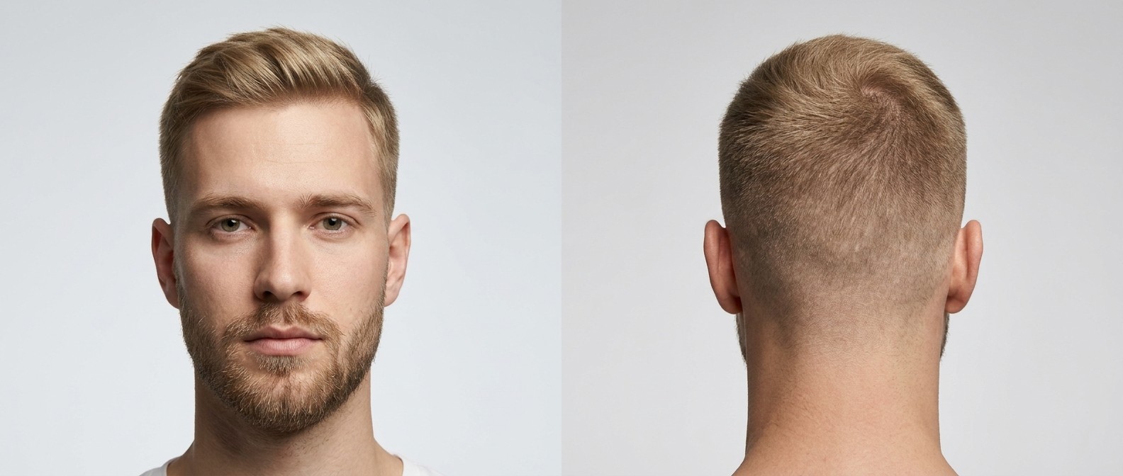 Profilowy widok młodego blondyna z krótką brodą, prezentującego fryzurę typu modified swept induction cut.