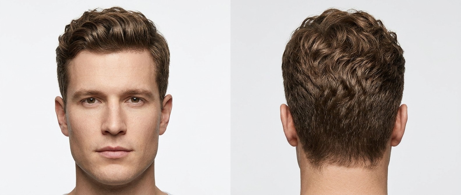 Homme caucasien au visage carré avec une coupe taper classique, cheveux ondulés texturés et coiffés vers l'arrière.