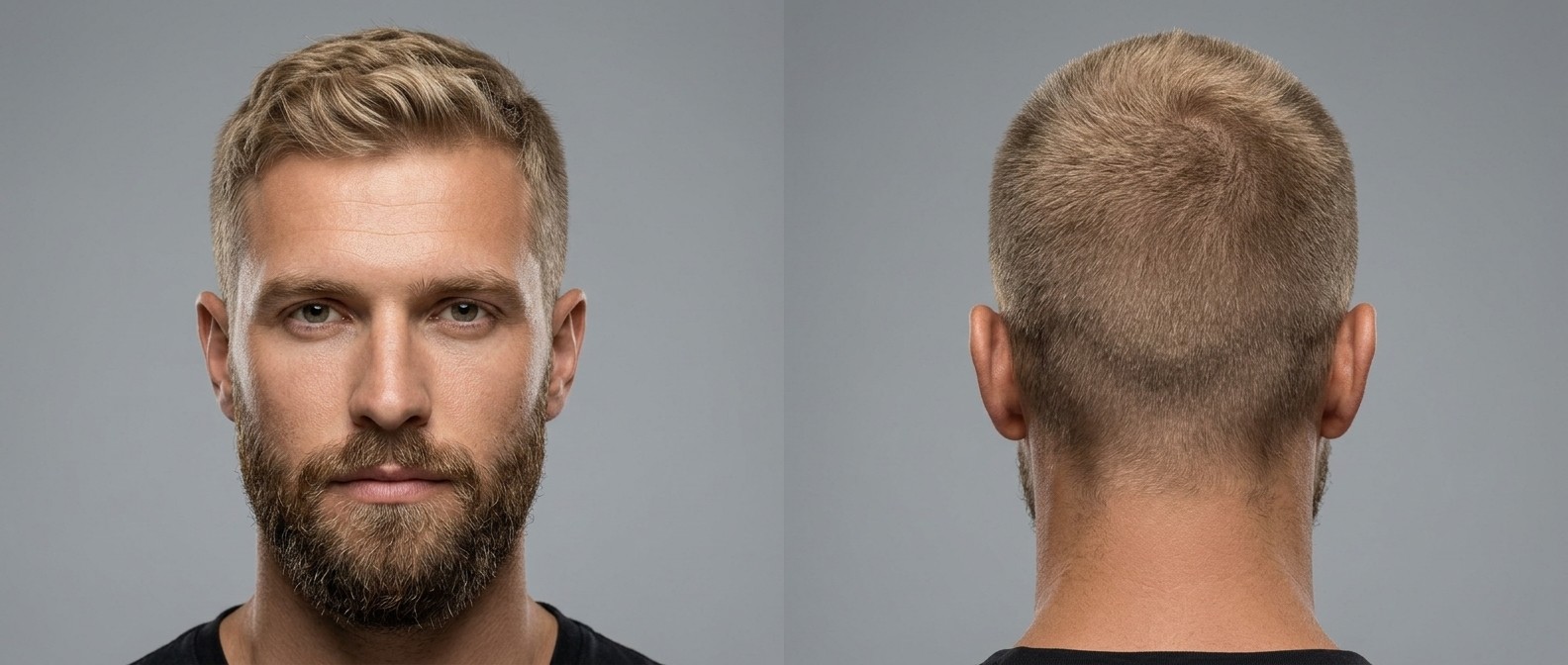 Front and back view of a blonde man with a short textured modified induction cut, tapered sides, wavy top, and a well-groomed medium beard.